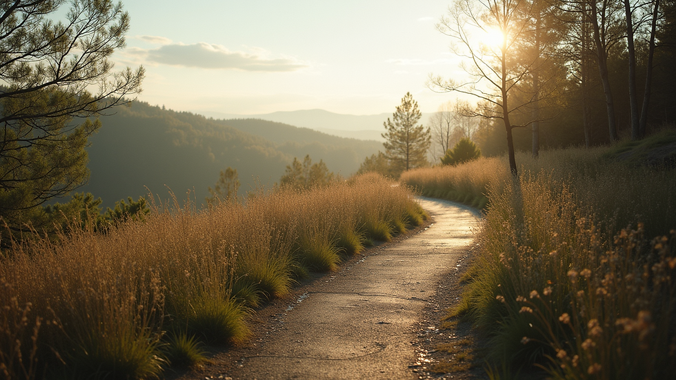 Eye-level view of a serene landscape with a winding path leading into the distance
