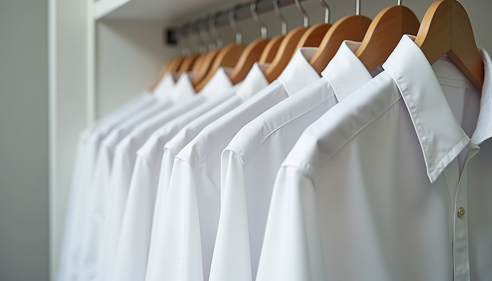 Eye-level view of a minimalist wardrobe with identical shirts neatly arranged