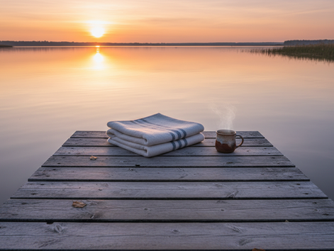 Wide-angle view of a quiet lake at sunrise.