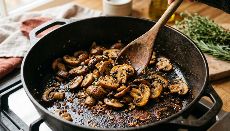 Close-up of browned mushrooms with golden edges in a soup pot.