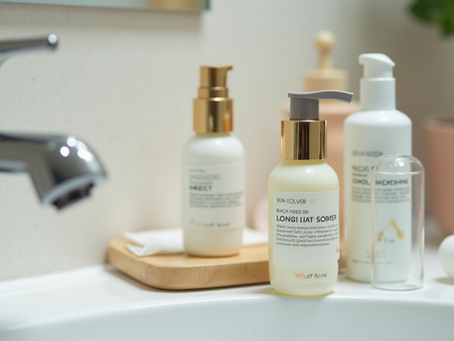 Close-up view of a clean bathroom sink with skincare products arranged neatly
