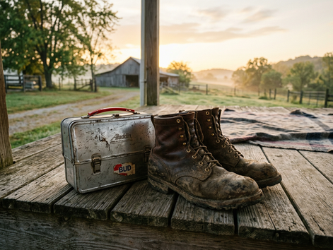 Close-up view of worn work boots beside a metal lunchbox at dawn.