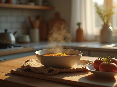 Close-up view of a bowl of pumpkin soup garnished with seeds