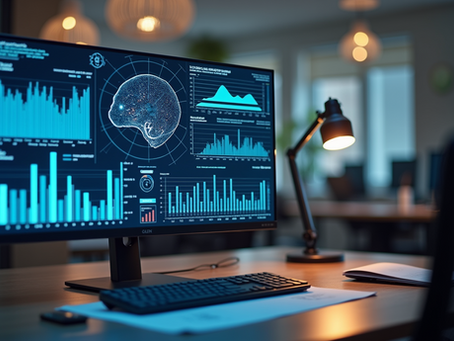 Eye-level view of a modern workspace with a computer displaying AI data visualization