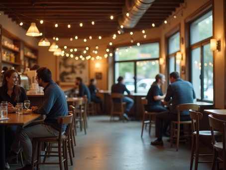 Eye-level view of a cozy café with a single empty chair at a table