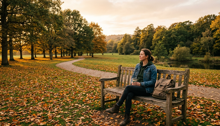 Wide-angle view of a person sitting alone on a park bench during golden hour