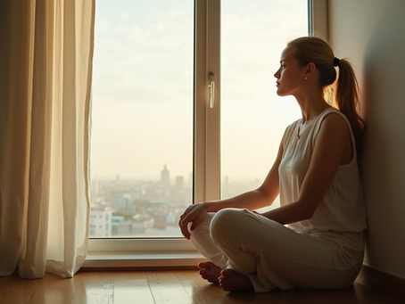 Eye-level view of a calm person sitting by a window with soft natural light, reflecting inner peace