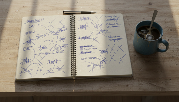 High-angle view of a notebook filled with unfinished plans on a kitchen table