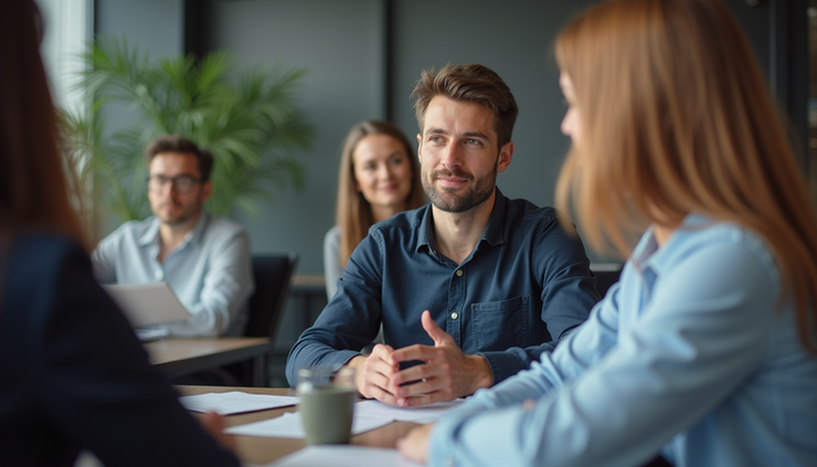 Eye-level view of a leader attentively listening during a team discussion