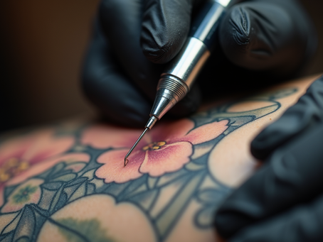 Close-up view of fresh tattoo needle piercing skin with ink