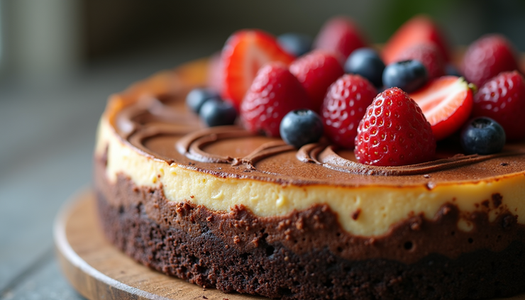Close-up view of a fitness cheesecake with cocoa swirls and fresh fruit topping