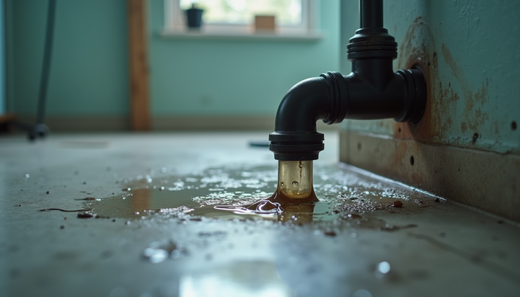 Eye-level view of a small leaking pipe causing water damage on a wooden floor