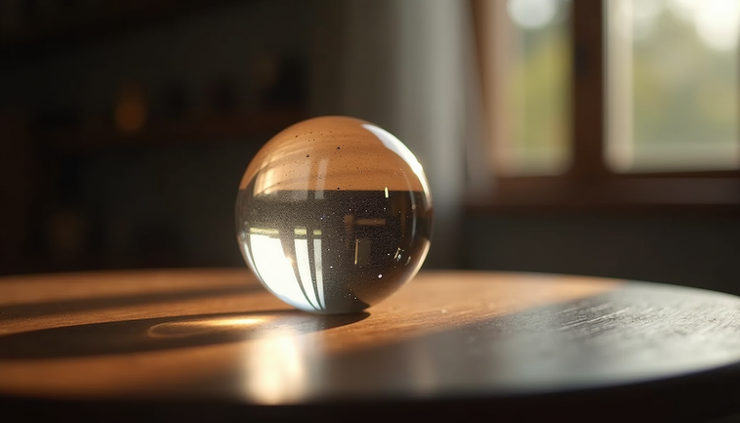 Eye-level view of a small crystal ball glowing softly on a wooden table