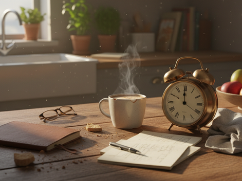 Eye-level view of a cluttered kitchen table with a notebook, coffee mug, and ticking clock.