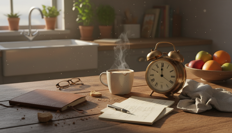 Eye-level view of a cluttered kitchen table with a notebook, coffee mug, and ticking clock.