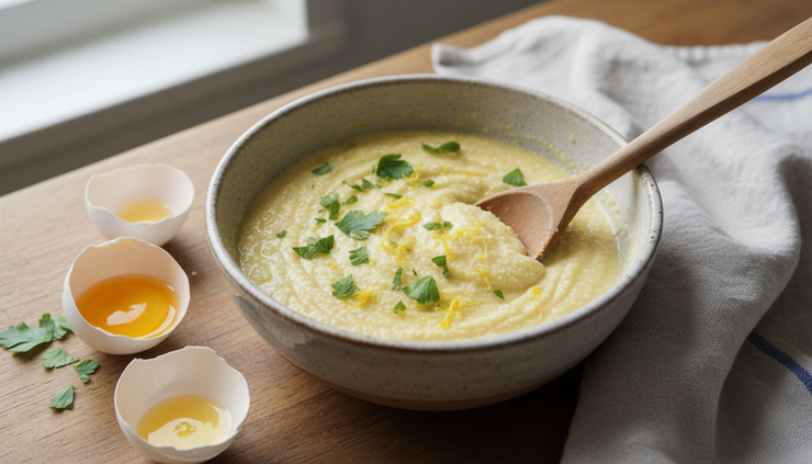 Close-up of semolina dumpling batter in a bowl with a spoon and chopped parsley nearby.