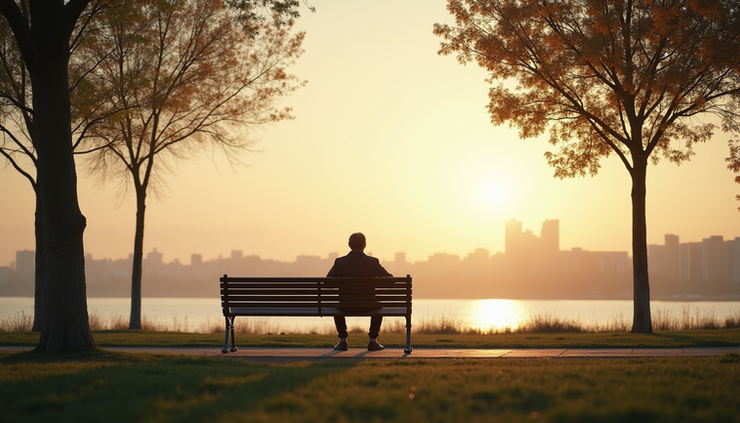 Eye-level view of a person sitting alone on a bench in a quiet park, looking at a distant horizon