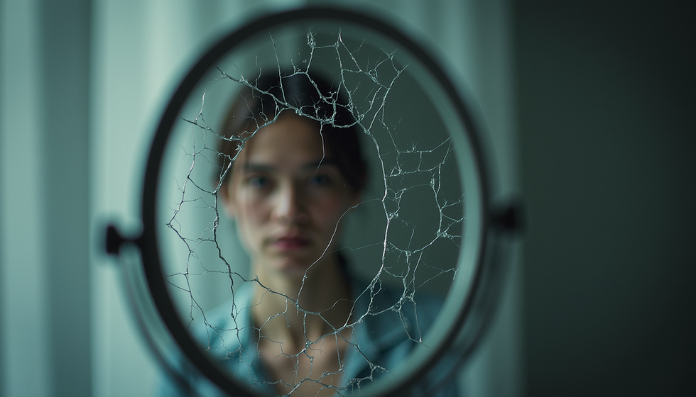 Eye-level view of a cracked mirror reflecting a blurred figure