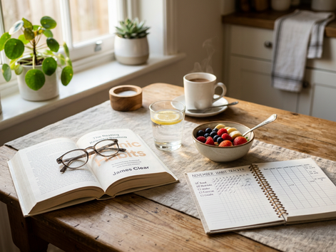 Wide-angle view of a cozy kitchen table with an open book, a glass of water, and morning sunlight