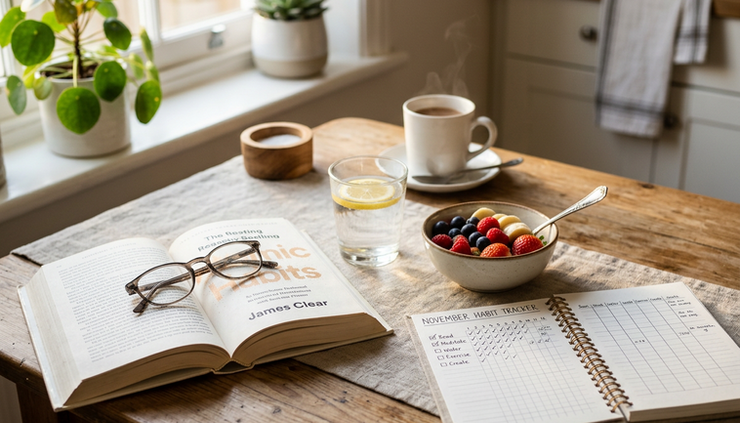 Wide-angle view of a cozy kitchen table with an open book, a glass of water, and morning sunlight
