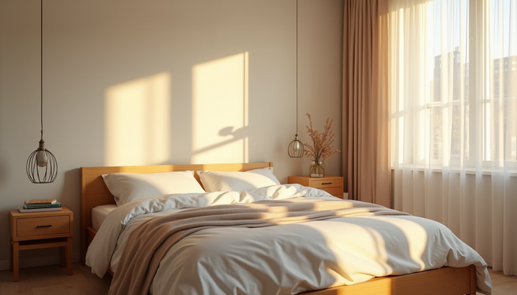 Eye-level view of a cozy bedroom with soft morning light filtering through the window
