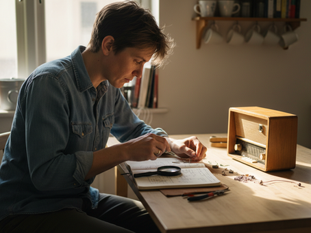 Eye-level view of a person repairing a small radio at a kitchen table.