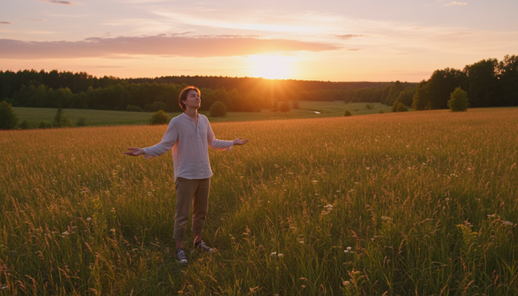 Wide-angle view of a person standing in a quiet field at sunset with open hands.