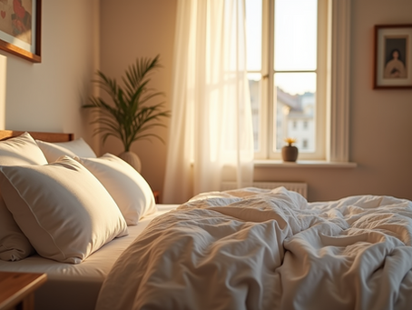 Eye-level view of a serene bedroom with soft lighting and cozy bedding