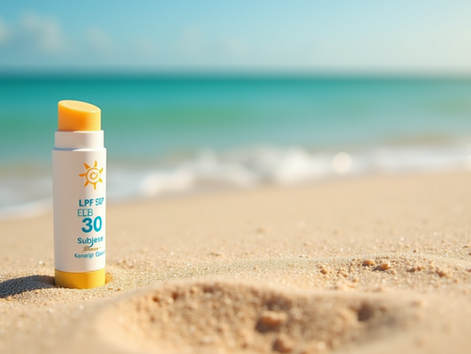 Close-up view of a lip balm tube with SPF 30 on a sandy beach background