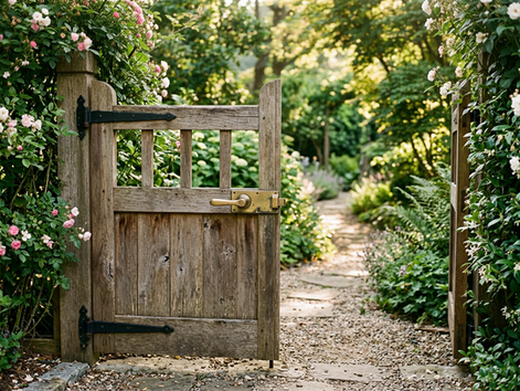 Close-up view of a small locked garden gate leading to a quiet backyard path