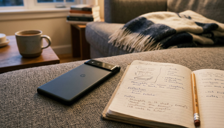 Close-up view of a phone face down on a couch beside an unfinished notebook