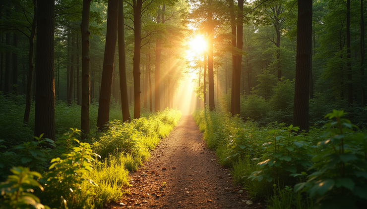 Eye-level view of a winding forest path disappearing into sunlight
