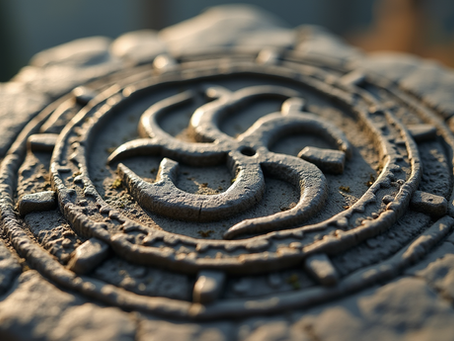 Eye-level view of an ancient mystical symbol carved into stone