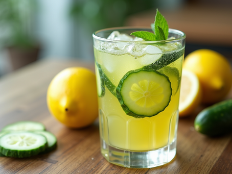 Eye-level view of a glass of lemon and cucumber detox drink with fresh cucumber slices on a wooden table