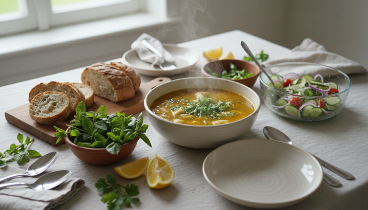 Wide-angle view of a summer table set with dumpling soup, bread, herbs, and lemon wedges.