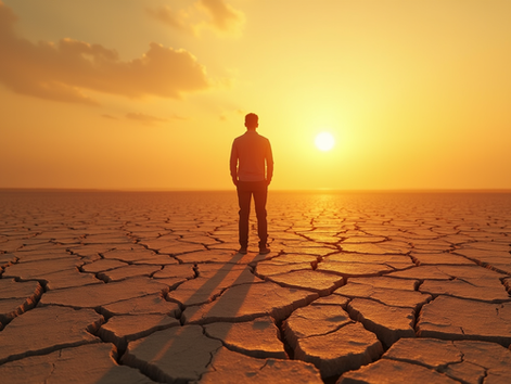 Eye-level view of a long shadow cast by a lone figure on cracked earth at sunset