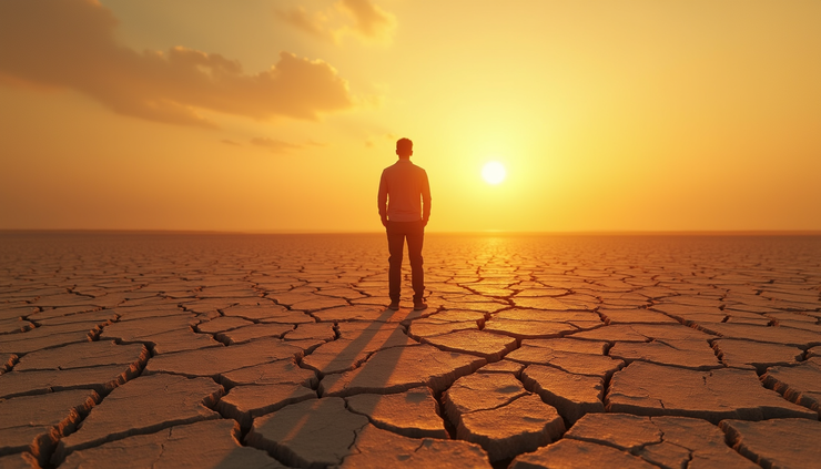 Eye-level view of a long shadow cast by a lone figure on cracked earth at sunset