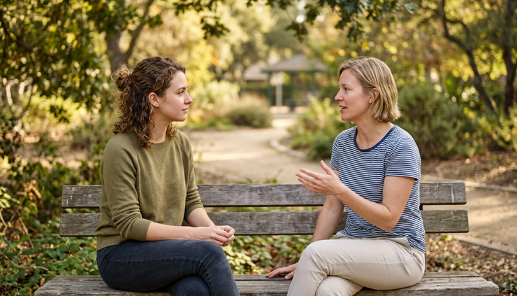 Eye-level view of two friends talking on a park bench
