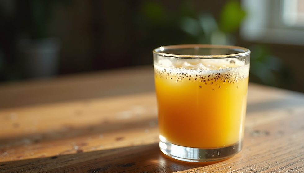 Eye-level view of a glass filled with lemon, honey, and chia seed drink on a wooden table