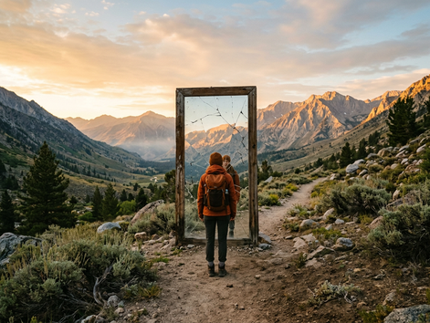 Wide-angle view of a hiker facing a cracked mirror on a quiet trail.