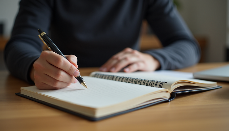 Eye-level view of a person writing notes in a journal on a wooden desk