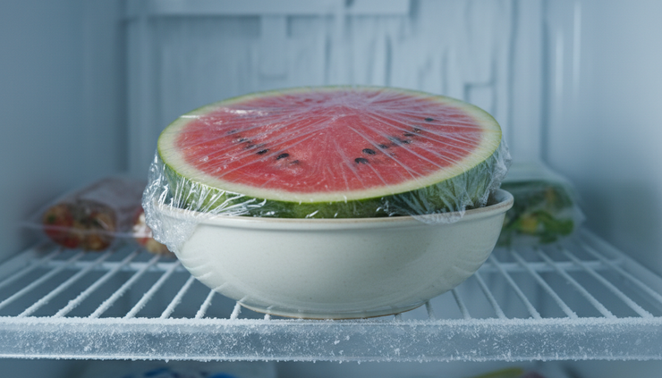 Eye-level view of a wrapped watermelon half sitting in a bowl inside a freezer.