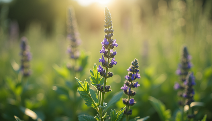 Close-up view of wild oregano plant with green leaves and purple flowers in natural sunlight