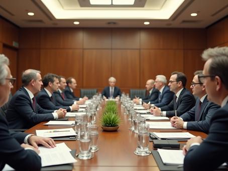 Eye-level view of a large international conference room with delegates seated around a circular table discussing arms control