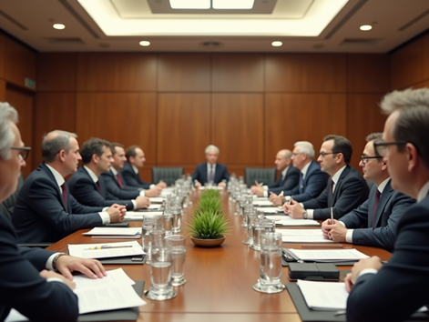 Eye-level view of a large international conference room with delegates seated around a circular table discussing arms control