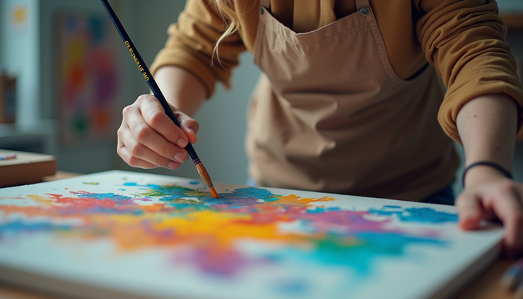 Eye-level view of a person painting a colorful abstract artwork on a canvas