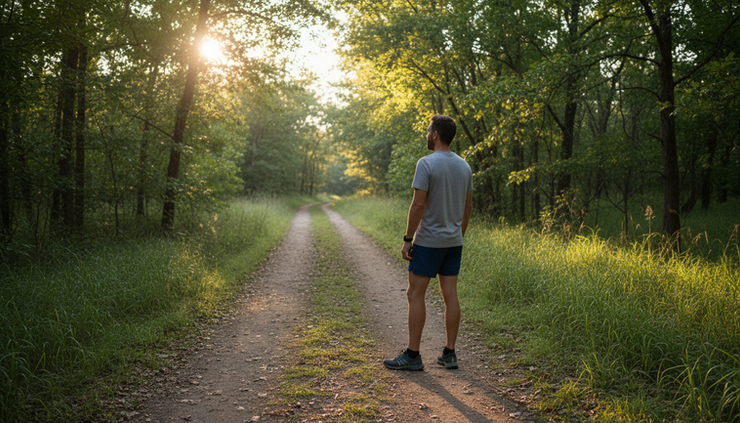 Wide-angle view of a quiet trail at sunrise with one person standing at the start.