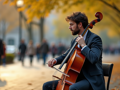 Eye-level view of a street musician playing cello near park railings with a small crowd gathered