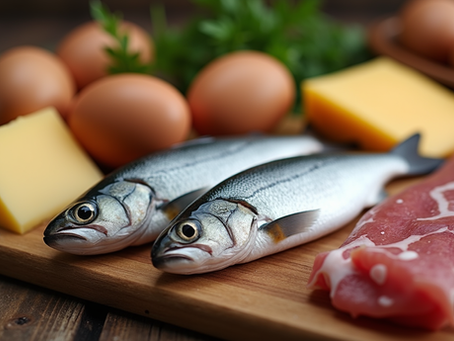 Close-up view of a variety of animal-based foods rich in vitamin B12 on a wooden table