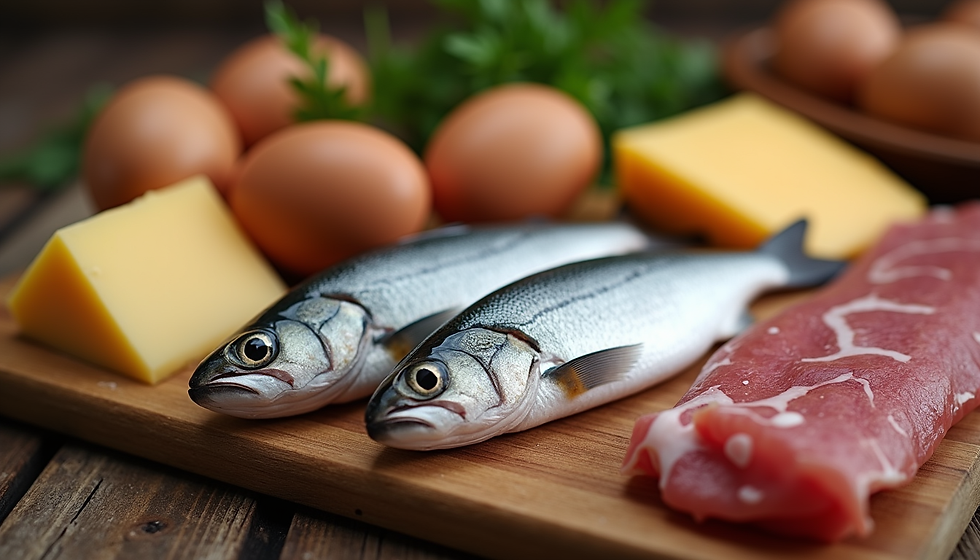 Close-up view of a variety of animal-based foods rich in vitamin B12 on a wooden table